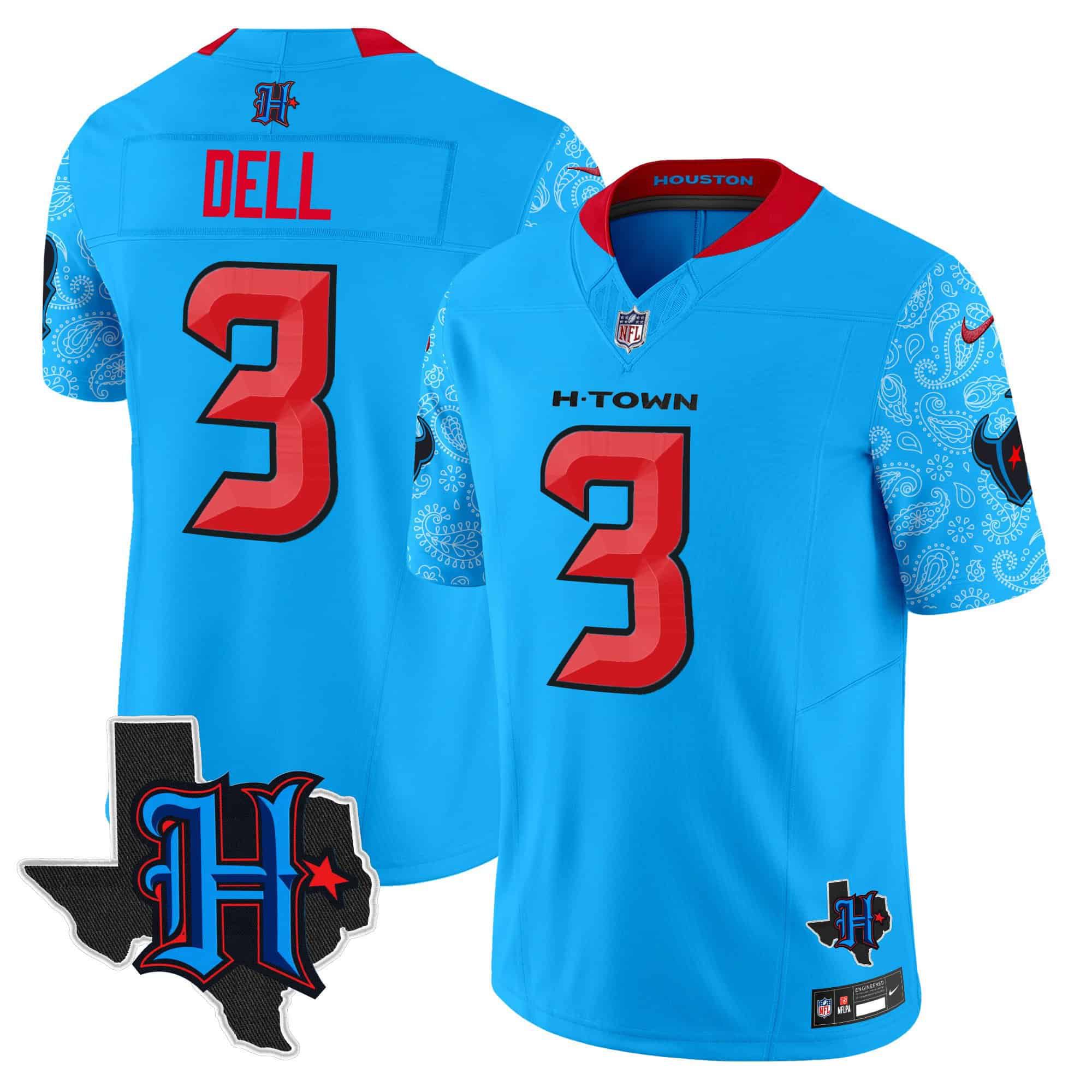 Men Houston Texans #3 Dell Light Blue 2024 Nike Texas Patch Vapor Limited NFL Jersey